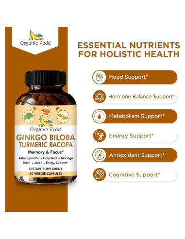 Suplemento Cognitivo Organic Veda Ginkgo Biloba 60 Cápsulas Veganas