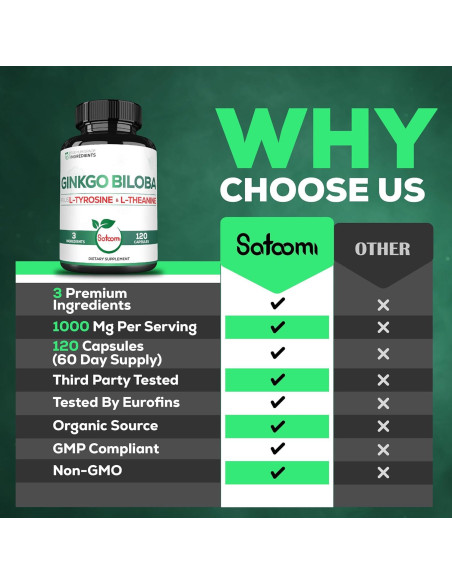 Suplemento Ginkgo Biloba 1000mg Satoomi - 120 Cápsulas Veganas Suplemento Ginkgo Biloba 1000mg Satoomi - 120 Cápsulas Veganas