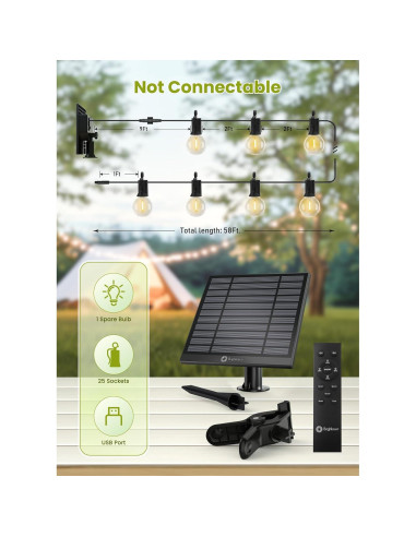 Brightown 17.68m Luces de Cadena Solares con Control Remoto