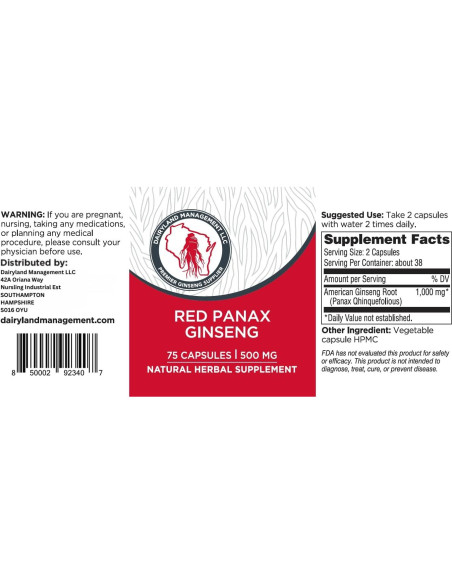 Cápsulas de Ginseng Rojo Panax Dairyland 2000 mg - 75 ct Cápsulas de Ginseng Rojo Panax Dairyland 2000 mg - 75 ct