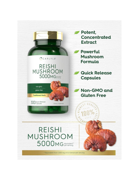 Suplemento Hongo Reishi Carlyle 5000mg 300 Cápsulas Sin OGM Suplemento Hongo Reishi Carlyle 5000mg 300 Cápsulas Sin OGM