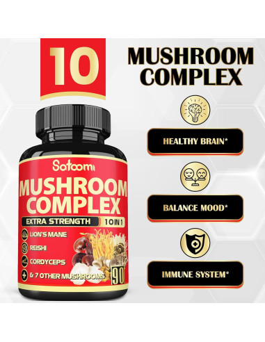 Suplemento de Hongo Satoomi 10 en 1 - Melena de León, Reishi, Cordyceps