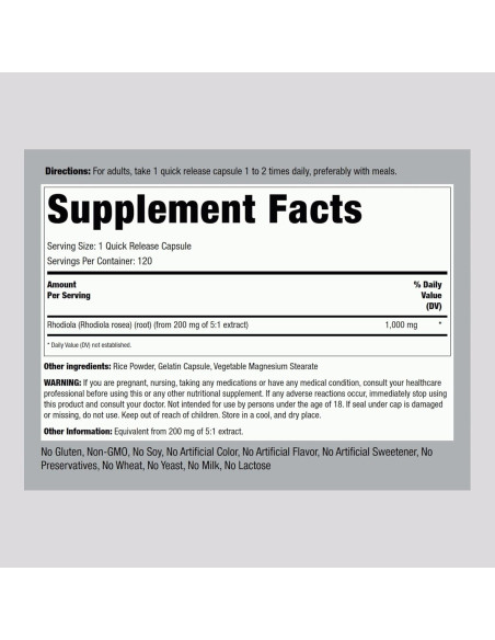 Suplemento de Rhodiola Rosea Piping Rock 1000mg 120 Cápsulas Suplemento de Rhodiola Rosea Piping Rock 1000mg 120 Cápsulas