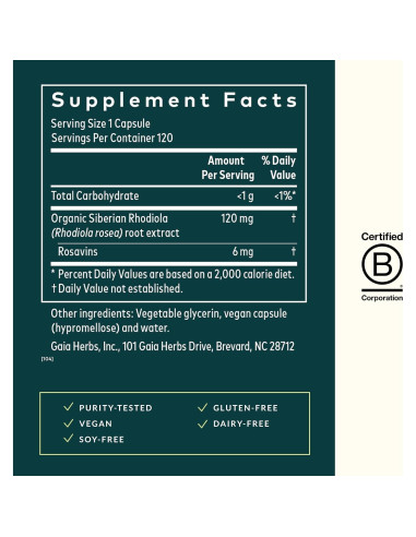 Suplemento Herbal Gaia Herbs Rhodiola Rosea 120 Cápsulas