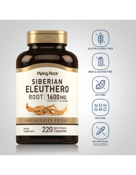 Cápsulas de Eleuthero Siberiano Piping Rock 1600mg - 220 Unidades Cápsulas de Eleuthero Siberiano Piping Rock 1600mg - 220 Unidades