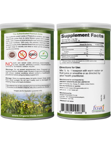 Polvo de Amla Orgánico Veda 198g - Superalimento Saludable
