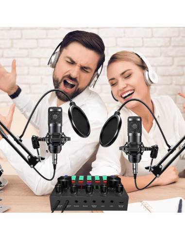 Paquete de Podcast V8S CofeLife con 2 Micrófonos y Mezclador