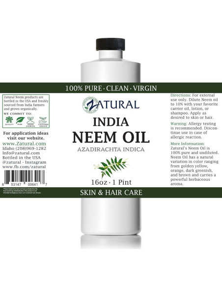 Aceite de Neem Zatural 100% Puro 473ml Prensado en Frío Aceite de Neem Zatural 100% Puro 473ml Prensado en Frío