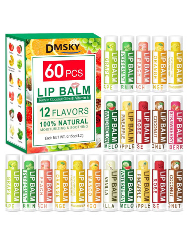 Bálsamo Labial Natural DMSKY 60 Tubos Hidratantes 12 Sabores