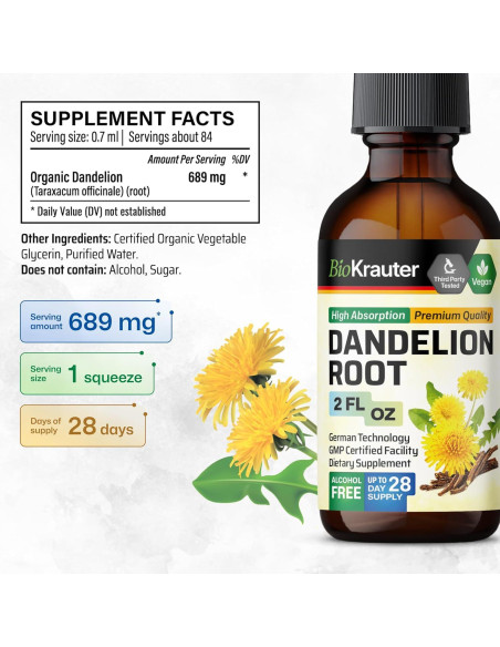 Extracto de Raíz de Diente de León BioKrauter 59.15 ml - Vegano y Sin Alcohol Extracto de Raíz de Diente de León BioKrauter 59.15 ml - Vegano y Sin Alcohol