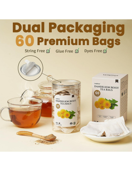 Té de raíz de diente de león Lynginya - 60 bolsas - Sin cafeína Té de raíz de diente de león Lynginya - 60 bolsas - Sin cafeína