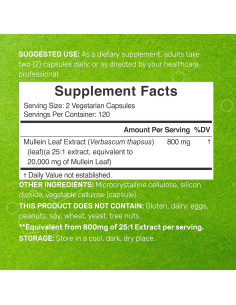 Extracto de Hoja de Mullein 20,000mg - 240 Cápsulas Veganas 2