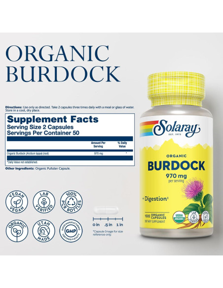 Suplemento Orgánico Raíz de Bardana Solaray 970 mg - 100 Cápsulas Suplemento Orgánico Raíz de Bardana Solaray 970 mg - 100 Cápsulas