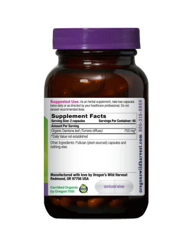 Suplemento Herbal Orgánico Damiana Oregon's Wild Harvest 90 Cápsulas