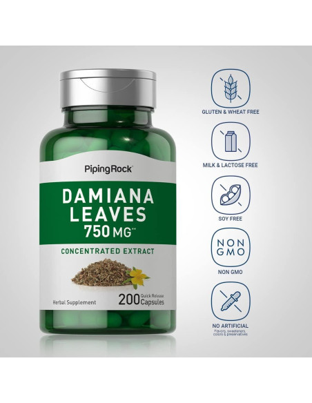 Cápsulas de Hoja de Damiana Piping Rock 750 mg 200 Conteo Cápsulas de Hoja de Damiana Piping Rock 750 mg 200 Conteo