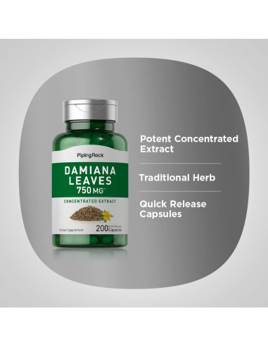 Cápsulas de Hoja de Damiana Piping Rock 750 mg 200 Conteo