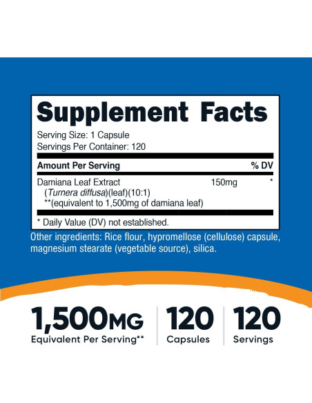 Cápsulas de Hoja de Damiana Nutricost 1500 mg - 120 Unidades Veganas Cápsulas de Hoja de Damiana Nutricost 1500 mg - 120 Unidades Veganas