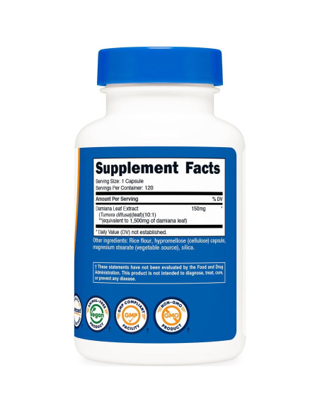 Cápsulas de Hoja de Damiana Nutricost 1500 mg - 120 Unidades Veganas Cápsulas de Hoja de Damiana Nutricost 1500 mg - 120 Unidades Veganas