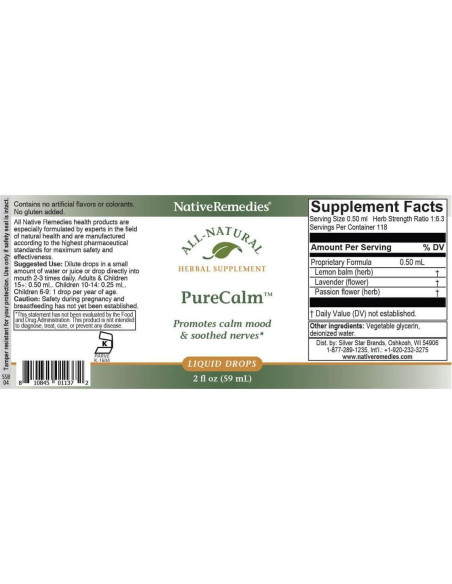 Suplemento Herbal PureCalm Native Remedies 59 mL - Calma y Relajación Suplemento Herbal PureCalm Native Remedies 59 mL - Calma y Relajación
