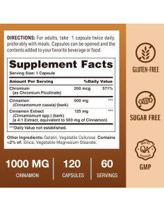 Suplemento de Canela con Cromo Vitamin World 1000 mg 120 Cápsulas 2