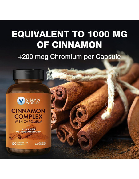 Suplemento de Canela con Cromo Vitamin World 1000 mg 120 Cápsulas Suplemento de Canela con Cromo Vitamin World 1000 mg 120 Cápsulas