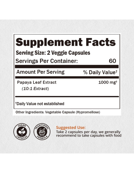 Cápsulas de Extracto de Hoja de Papaya NatureBulk - 120 Veganas Cápsulas de Extracto de Hoja de Papaya NatureBulk - 120 Veganas