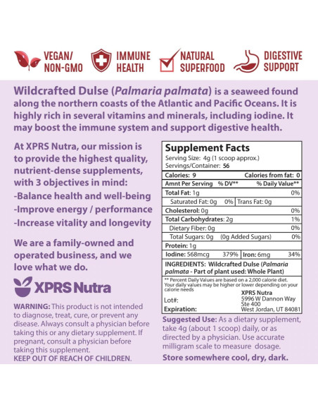 Polvo de Dulse Orgánico XPRS Nutra 227g - Superalimento Marino Polvo de Dulse Orgánico XPRS Nutra 227g - Superalimento Marino