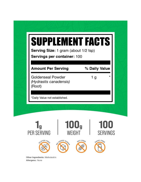 Polvo de Goldenseal BulkSupplements 100g Vegano Sin Gluten Polvo de Goldenseal BulkSupplements 100g Vegano Sin Gluten