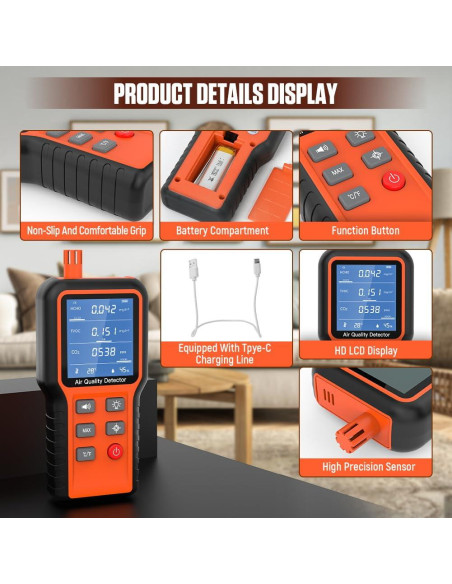 Monitor de Calidad del Aire Interior DUOYI 5-en-1 HCHO CO2 TVOC Monitor de Calidad del Aire Interior DUOYI 5-en-1 HCHO CO2 TVOC