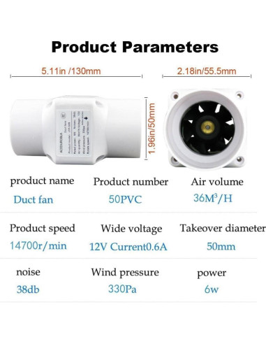Ventilador de Conducto ACEDUROBLA 2" Blanco 22 CFM 11 Velocidades