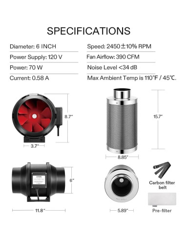 Kit de Ventilación VIVOSUN 6" con Filtro de Carbón 390 CFM