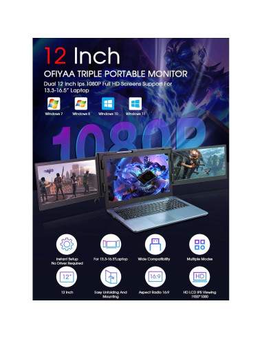 Monitor Portátil Triple BQAA 12" FHD IPS para Laptop