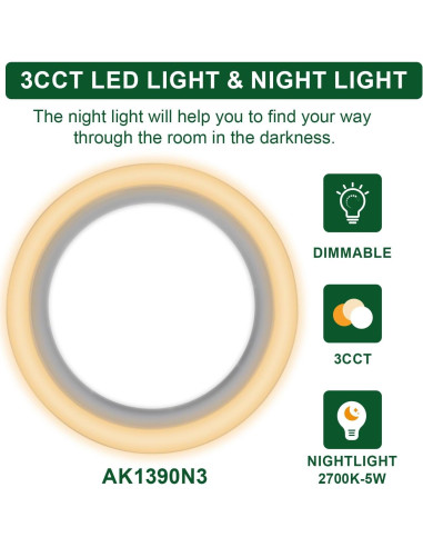 Ventilador de Baño Akicon AK1390 con Luz LED 15W y 90 CFM