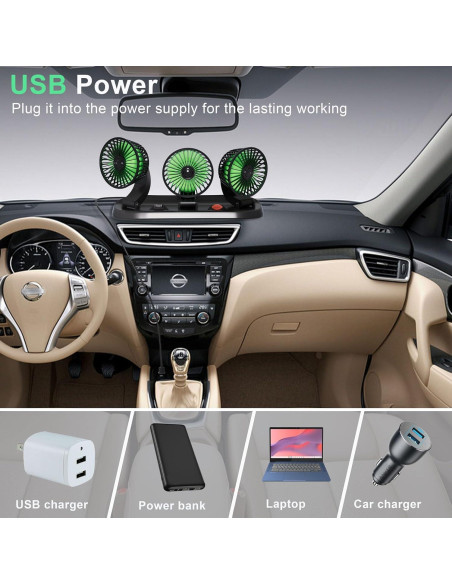 Ventilador de Coche USB Moqidong 3 Cabezas 360 Silencioso Ventilador de Coche USB Moqidong 3 Cabezas 360 Silencioso