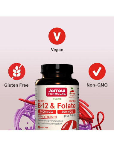 Suplemento Jarrow Formulas Methyl B-12 5000 mcg y Folato 800 mcg - 60 Tabletas Masticables