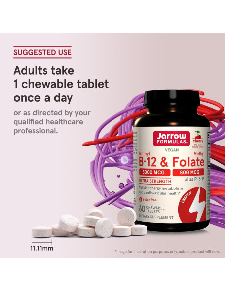 Suplemento Jarrow Formulas Methyl B-12 5000 mcg y Folato 800 mcg - 60 Tabletas Masticables Suplemento Jarrow Formulas Methyl B-12 5000 mcg y Folato 800 mcg - 60 Tabletas Masticables