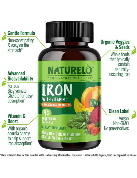 Suplemento de Hierro Vegano NATURELO 90 Cápsulas con Vitamina C Suplemento de Hierro Vegano NATURELO 90 Cápsulas con Vitamina C