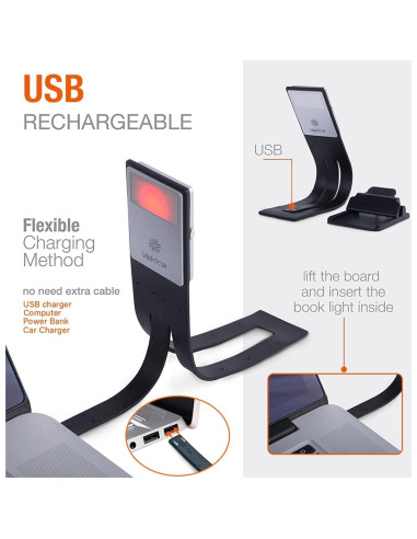 Luz de Lectura Vekkia con Marcador, Recargable USB, 5 Brillos