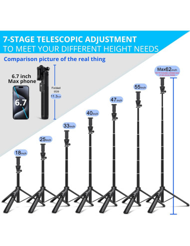 Palo de Selfie 3 en 1 BZE 62" con Trípode y Control Remoto