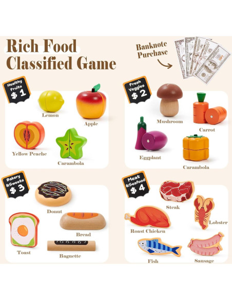 Juego de Comida de Madera Toyssa con Estante para Niños Juego de Comida de Madera Toyssa con Estante para Niños