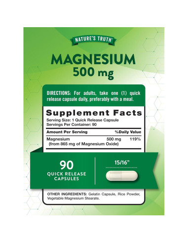 Suplemento de Óxido de Magnesio Nature's Truth 500mg 90 Cápsulas