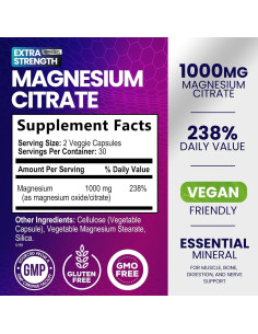 Suplemento de Citrato de Magnesio 1000 mg - 60 Cápsulas Naturales 2