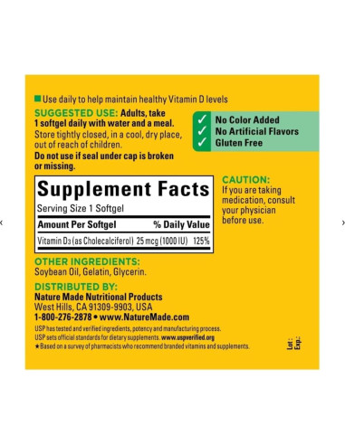 Vitamina D3 Nature Made 1000 UI 300 Gelatinas Blandas