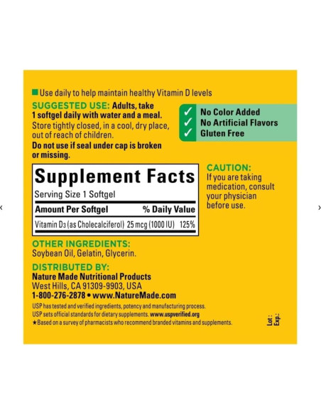 Vitamina D3 Nature Made 1000 UI 300 Gelatinas Blandas Vitamina D3 Nature Made 1000 UI 300 Gelatinas Blandas