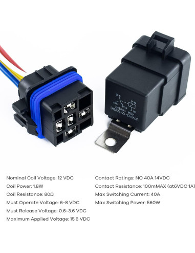 Paquete de 5 Relés Impermeables 12V DC 40/30A con Arnés Cobre