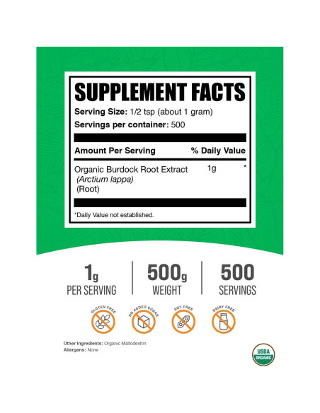 Extracto de Raíz de Bardana Orgánico en Polvo BulkSupplements 500g Extracto de Raíz de Bardana Orgánico en Polvo BulkSupplements 500g