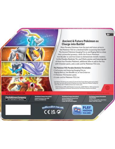 Lata de TCG Pokémon Destinos Paradoja con 5 Paquetes