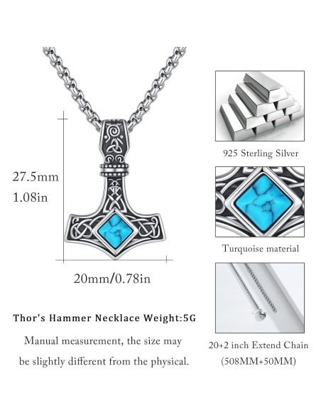 Collar Mjolnir Thor Plata Esterlina 925 con Turquesa 27.5x20mm Collar Mjolnir Thor Plata Esterlina 925 con Turquesa 27.5x20mm