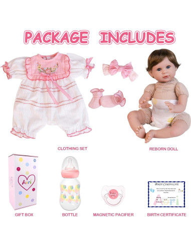 Muñeca Reborn Aori 55.88 cm Rosa con Chupete y Certificado