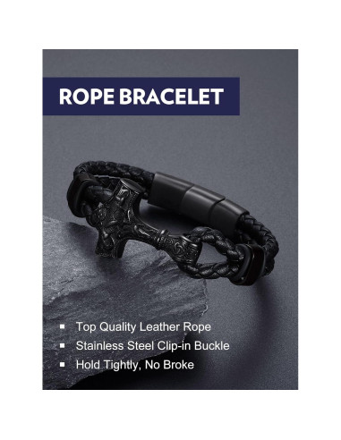 Pulsera de Cuero Trenzado Negra Bandmax con Colgante Thor
